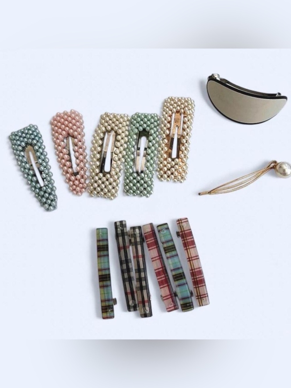 Lot Multi-colored hair clips with plaid gingham patterns / pastel pearls